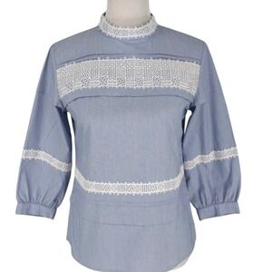 Banana Republic Womens XS Blue Lace Trim Pintuck Mock Neck Blouse 887988-00 NWT
